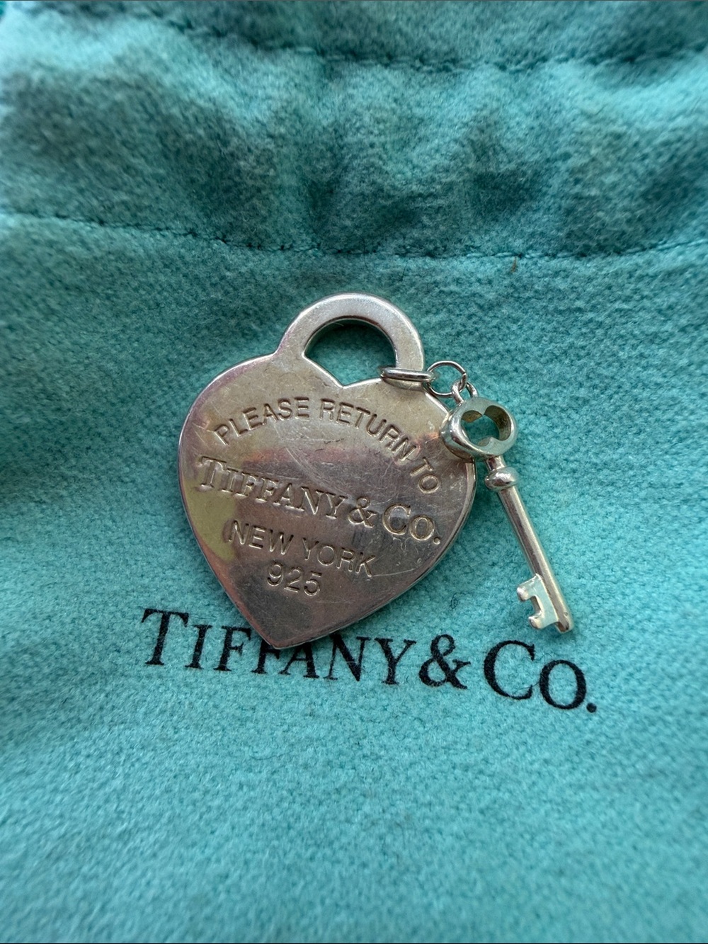 Tiffany & Co. Silver Heart Tag Key Pendant with Key on Tiffany Blue Pouch